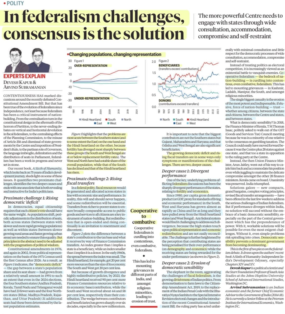 imRavikantYadav's tweet photo. In federalism challenges,consensus is the solution
:An Insightful article by Sh Devesh Kapur & Sh Arvind Subramaiam
@arvindsubraman
#Federalism #CooperativeFederalism #DemocraticDeficit
#FiscalResources
#Population #Vote
#Demography #Economics
#FiscalFederalism
#Polity
#UPSC https://t.co/pPzTv1a1WR