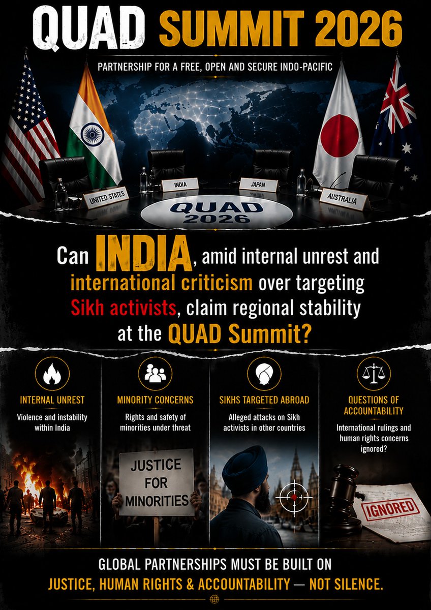 Ashoka_Dispatch's tweet photo. Can India, amid internal unrest and international criticism over targeting Sikh activists, claim regional stability at the #QUADSummit 2026 ?
Questions over violence, accountability, and minority rights continue to rise. https://t.co/WpCJBcIHb1