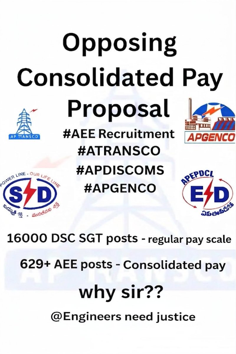 ap_Transco's tweet photo. @ravi_gottipati Thank you Hon'ble CM @ncbn 
garu @naralokesh garu and hon'ble @ravi_gottipati garu for giving financial clearance for 629 AEE posts in AP power Sector, But please Recruit AEE in Regular pay scale, We aspirants already lost 10years no AEE Recruitment #Opposing_ConsolidatedPay_AEE. https://t.co/j41iaxTWVO