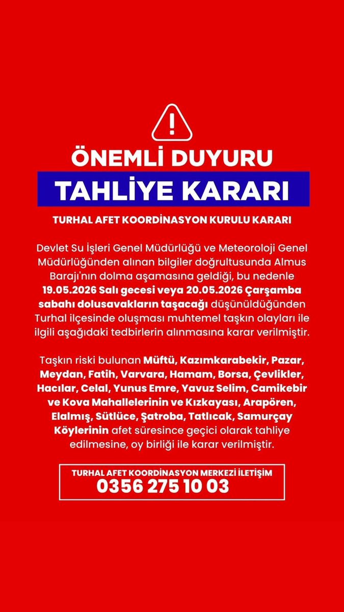 Cihandemirkol60's tweet photo. Tokat Almus barajı'nın doluluk oranı %100 üzerine çıkacağı öngörülüyor ve Baraj savaklarından akacak fazla su ile sel yaşanma ihtimali değerlendiriliyor.
Birçok köy ve kasabada güvenlik tedbirleri alınarak vatandaşın evlerini terk etmesi istenilmiştir. 

#Tokat https://t.co/Bu56d40dWR