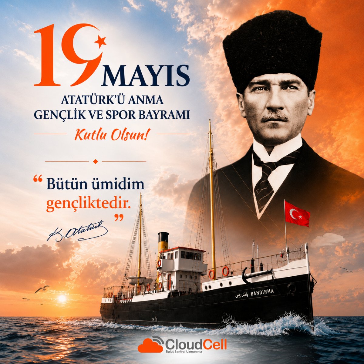 TRcloudcell's tweet photo. 107 yıl önce bugün, 19 Mayıs 1919'da, Ulu Önder Gazi Mustafa Kemal Atatürk’ün Samsun’a ayak basmasıyla yakılan o ilk meşale, dalga dalga tüm Anadolu’ya yayılmış ve Kurtuluş Savaşımızın şanlı başlangıcı olmuştur.

19 Mayıs Atatürk'ü Anma Gençlik ve Spor Bayramımız Kutlu Olsun. https://t.co/Puqfv6t809