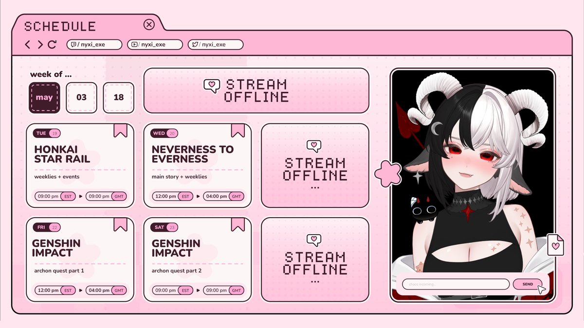nyxi_exe's tweet photo. Chaos incoming!  New schedule up, fully gacha week this week. So excited for Genshin update💗 

✧ you can find my links in my bio! https://t.co/wtJrL3YiE6