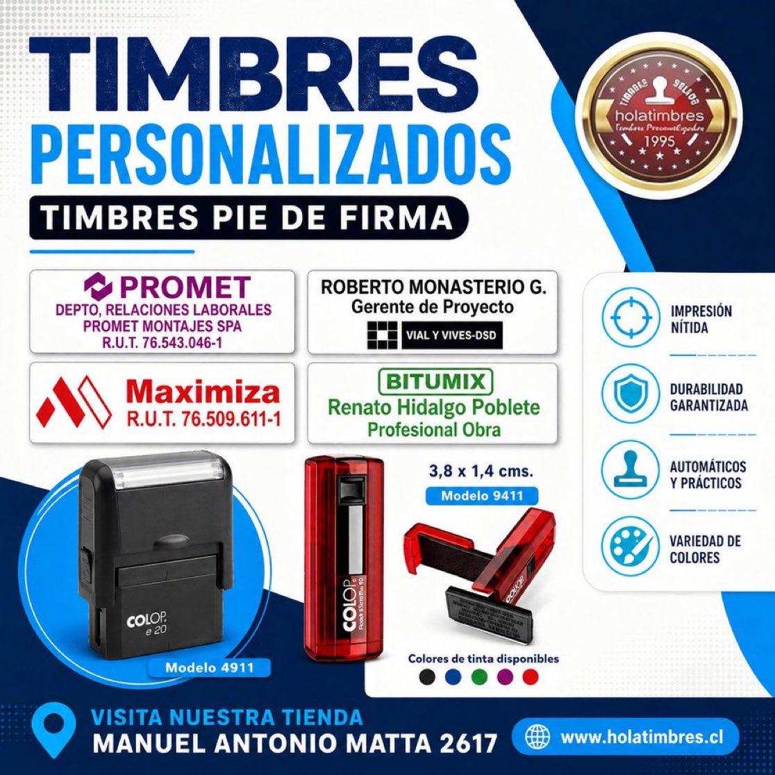 holatimbres's tweet photo. Un timbre pie de firma es una herramienta indispensable para optimizar tu tiempo diario. Firma documentos en segundos y con una presentación profesional. Disponible en formato de escritorio o bolsillo. Listo en 24 horas #Antofagasta Despacho a todo #chile 

IG: @holatimbres https://t.co/DDCAaD3TEV