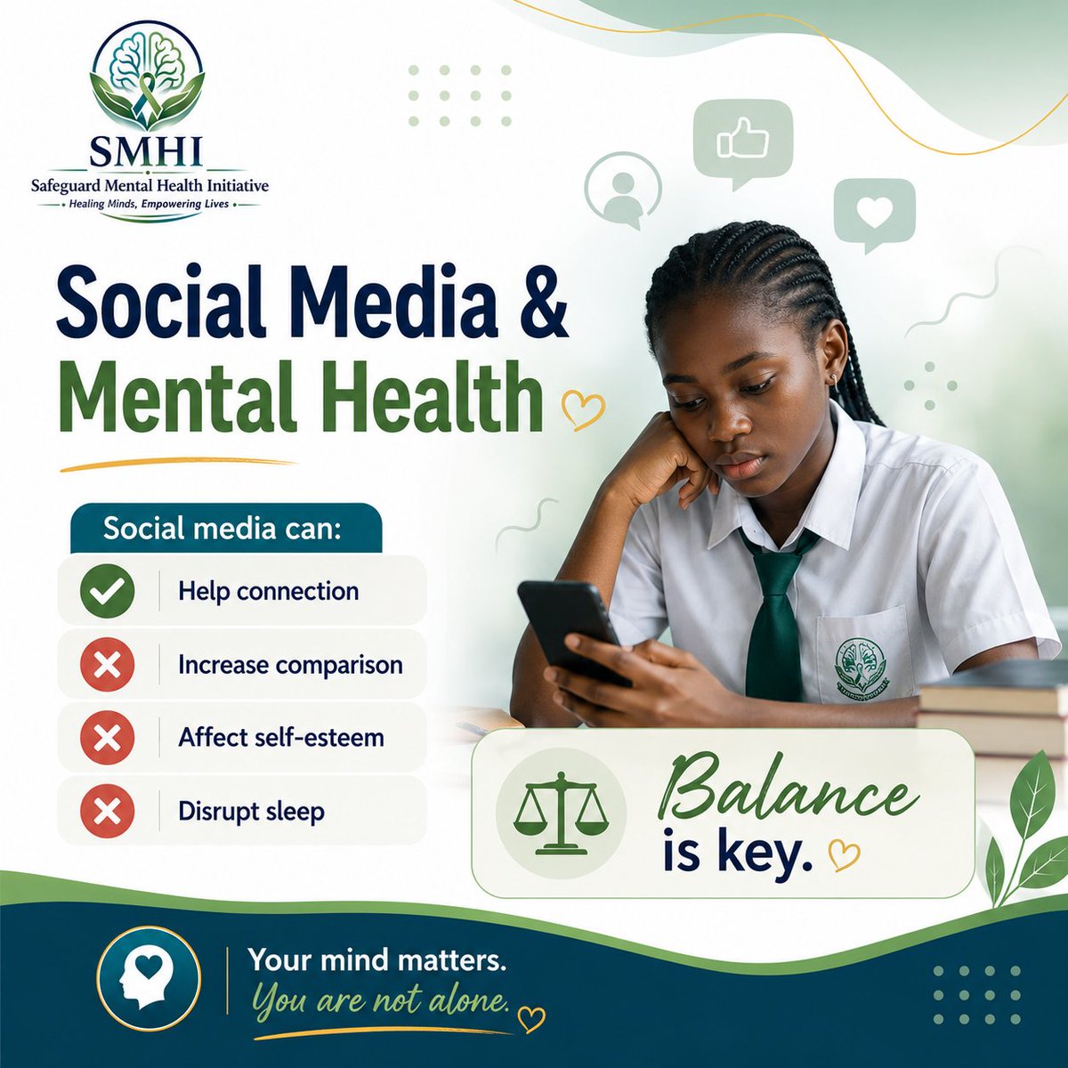 SMHInitiative's tweet photo. Social media can impact mental health 
Balance, boundaries &amp; breaks matter. 💚
#DigitalWellbeing #SMHI #YouthMentalHealth #MentalHealthAwareness https://t.co/1qi9n440UE