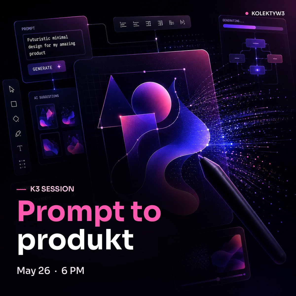 Kolektyw3's tweet photo. Prompt to produkt! 🔥
Wpadaj na 4-godzinny, ultra-szybki hackathon projektowy z @properlystudio.

3 rundy, 3 prompty, 3 gotowe projekty. AI-only, vibecoding czy pure design w Figmie? Twój wybór.

📅 26 maja, 18:00
🎟️ 40-80 PLN

🏆 Nagroda: 3 miesiące w K3! Wbijaj z lapkiem 💻 https://t.co/qVw6d9tj16