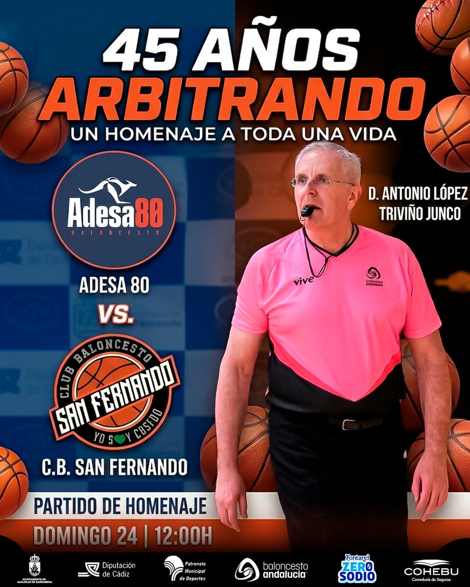 adesa80balonces's tweet photo. 💚 Homenaje a D. Antonio López Triviño Junco 💚
45 años arbitrando. 
45 años de pasión.
Este domingo 24 · 12:00 h
🏀 Partido homenaje a una figura clave del baloncesto gaditano.
Gracias por tu ejemplo, respeto e imparcialidad.
#Baloncesto #Cádiz #ADESA80 https://t.co/ndNYnGfNCY