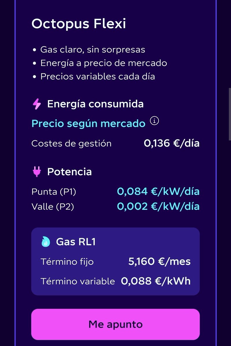 meid_AI's tweet photo. Llevaba años con empresas tradicionales (luz y gas) pensando que “más o menos todas son iguales”… hasta que comparé facturas

Luz: punta y valle 4,6kw a 0,254 €/kwh + asistente 24h 5€/mes + termino fijo + peajes

Gas RL1: 0,119 €/kwh + 4,31€ fijo + servicios 14,9€ + peajes https://t.co/UV89YdpbYP