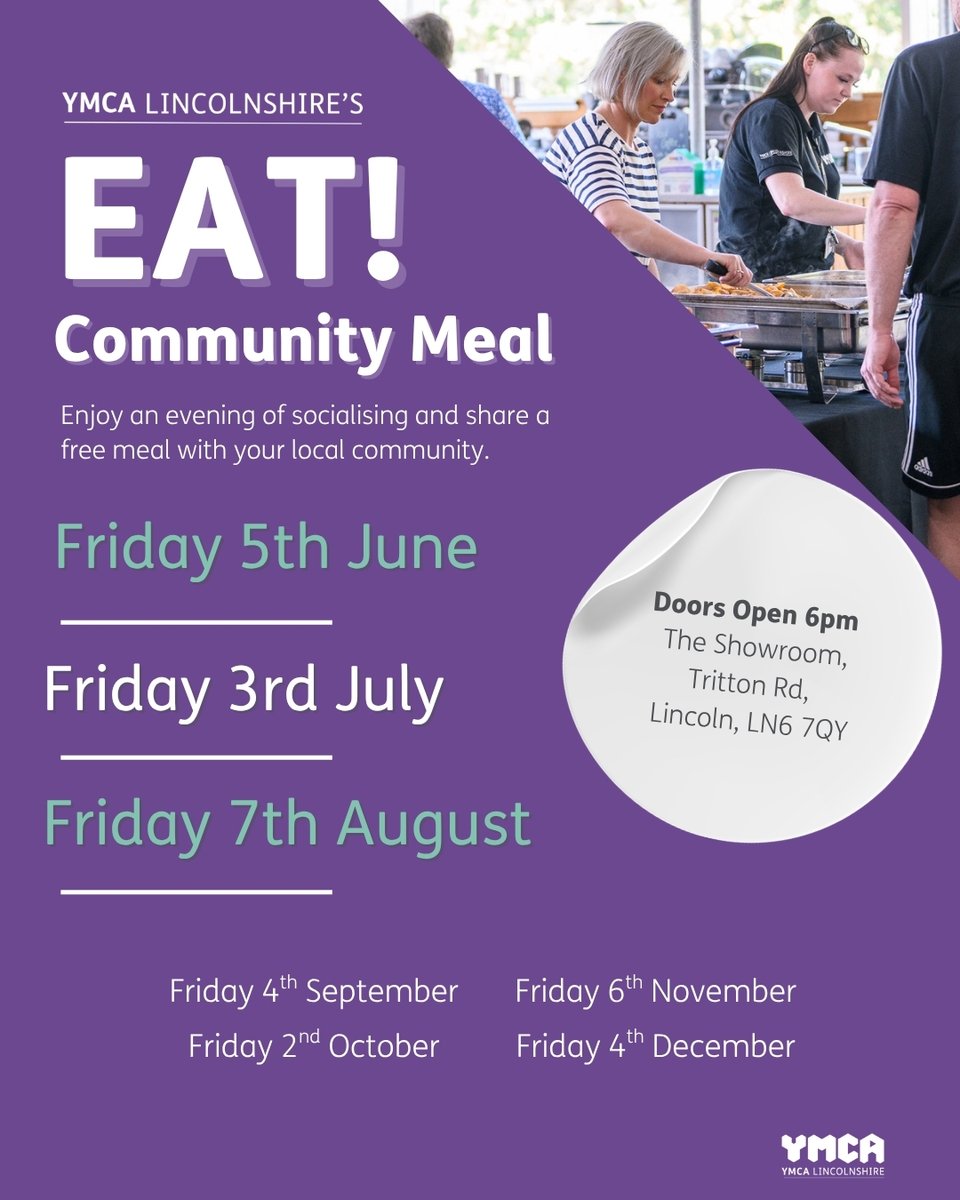 YMCALincs's tweet photo. Our next EAT Community Meal is next Friday!

Join us for an evening of free food and socialising with you local community💜

📍The Showroom, Tritton Road, Lincoln, LN6 7QY
🕰️6pm https://t.co/eFWHfifzdw