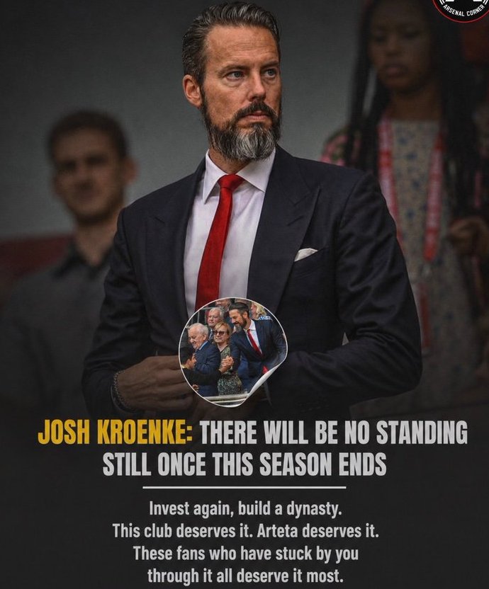 berryBertrand7's tweet photo. 🚨💰 | Josh Kroenke sends major message about Arsenal F.C.’s future.

Arteta deserves backing after transforming Arsenal into genuine Premier League and Champions League contenders — and the supporters who stayed loyal through every difficult period. https://t.co/DVqRUdHiH4