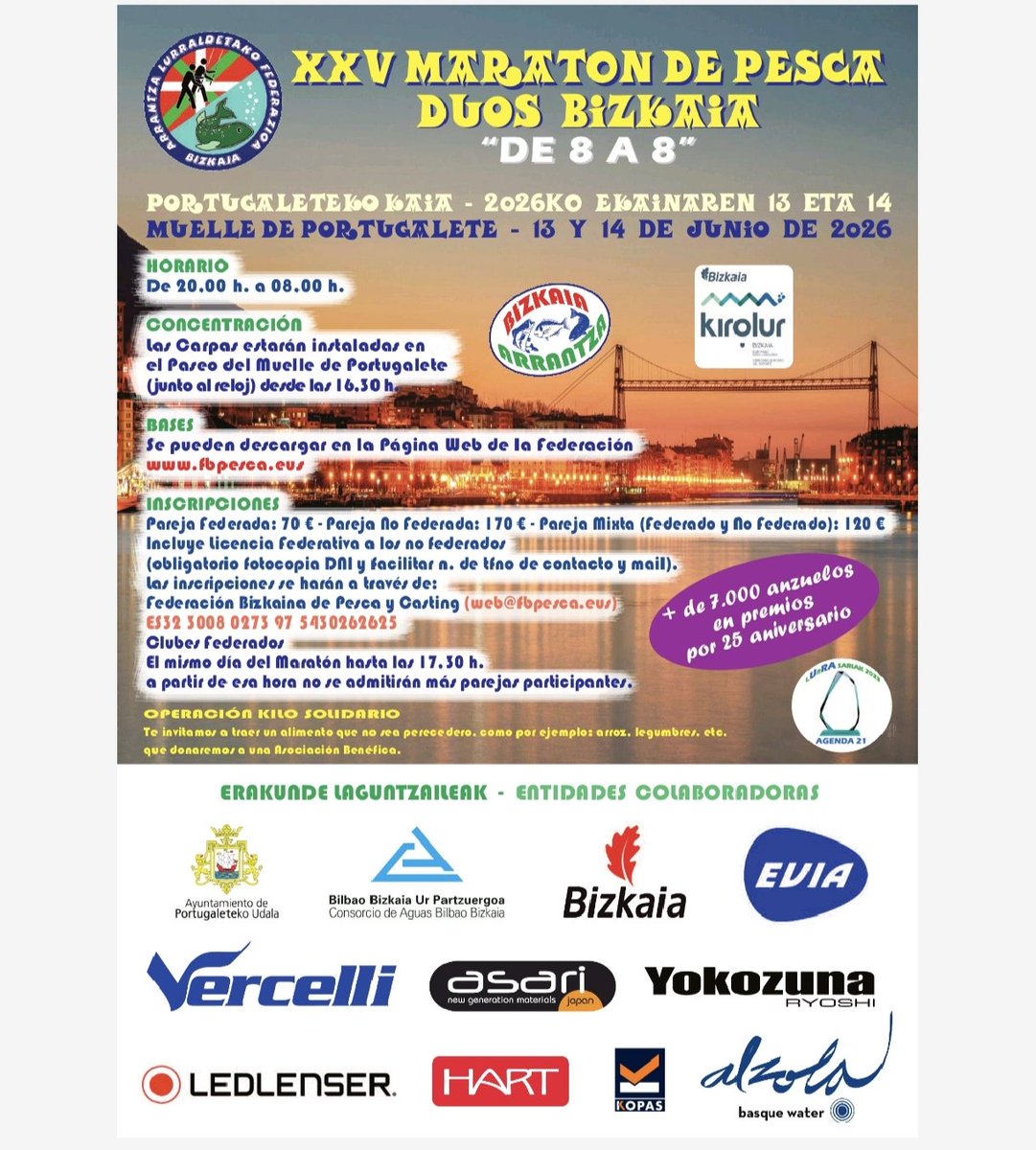 Bizkaiapesca's tweet photo. Ya ha pasado otro año y vuelve el XXV MARATÓN DE PESCA DÚOS.
El Concurso por excelencia del Norte de España que celebramos en #portugalete.
12 horas de competición en pareja con grandes premios que os iremos informando.
@BasqueWater @asfedebi https://t.co/kM6EwvhDQT