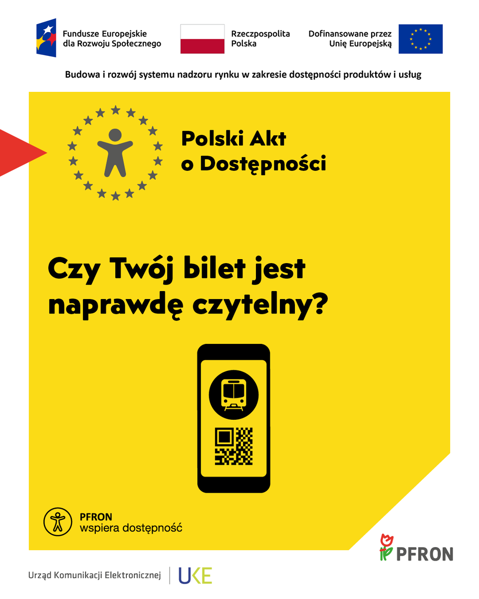 funduszpfron's tweet photo. 🟡📱 Coraz częściej korzystamy z biletów elektronicznych – szybko, wygodnie, ekologicznie. Ale czy na pewno dostępnie?

👉 Zbyt mała czcionka, niski kontrast czy nieczytelny układ informacji mogą sprawić, że bilet trudno odczytać – zwłaszcza w ruchu, stresie czy w pełnym słońcu. Dla wielu osób to poważna przeszkoda podczas kontroli czy wejścia na pokład.

Bilet powinien być czytelny dla każdego – bez wyjątków. 

#PAD #PolskiAktODostępności #PFRON @UKE_GOV_PL  @fundusze_eu #UE