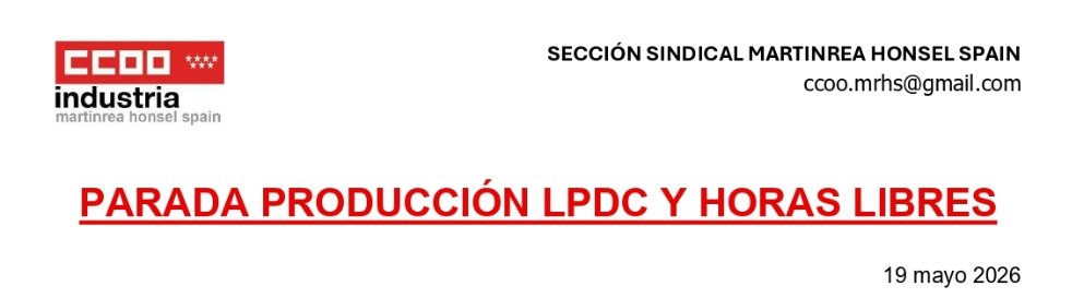 CcooMartinrea's tweet photo. ▶️ Nota informativa sobre la parada de producción en LPDC y las horas libres.

👉https://t.co/wMbTyfsDbY

#JORNADAIRREGULAR #CCOO #CCOOMRHS https://t.co/eqIkeoUm3i