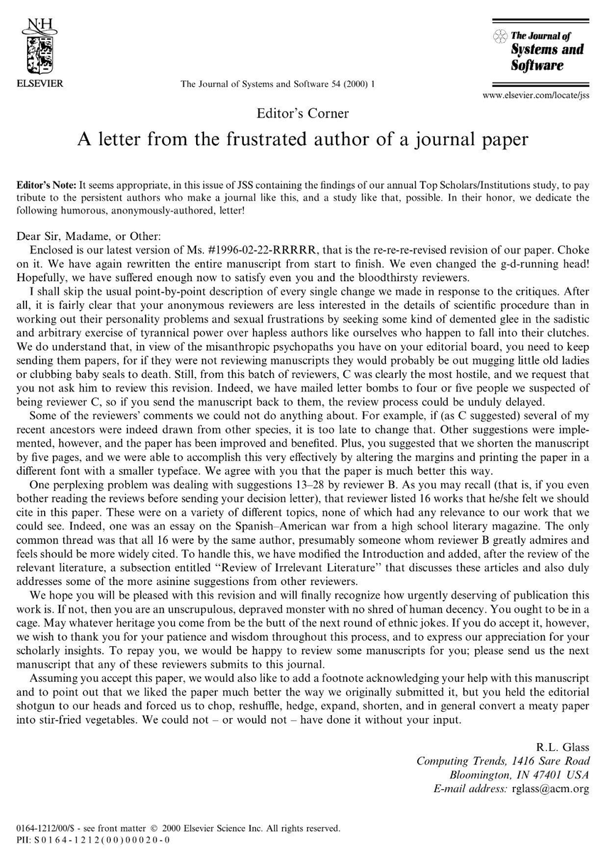 ScholarshipfPhd's tweet photo. Letter from the frustrated author of a journal paper