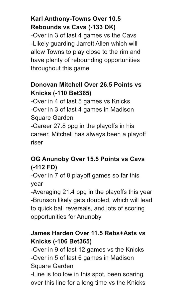 FieldsFocus's tweet photo. May 19th NBA Player Props🔥

Karl Anthony-Towns Over 10.5 Rebounds

Donovan Mitchell Over 26.5 Points

OG Anunoby Over 15.5 Points

James Harden Over 11.5 Rebs+Asts

Likes, Follows, & RT’s Appreciated‼️

#gamblingtwitter #gamblingx #prizepicks #prizepicksnba  #fanduel #draftkings   #dfs