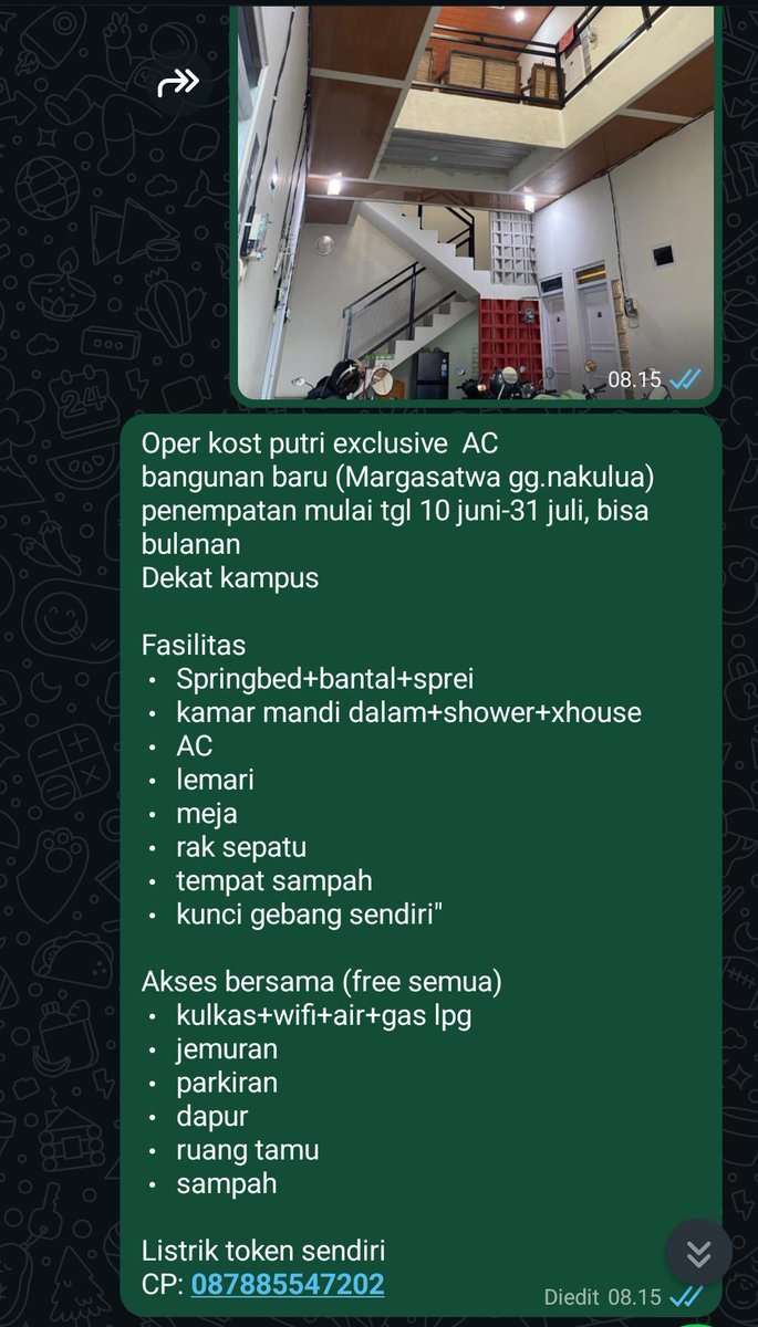 bjirmales's tweet photo. @unicefess oper kos cewek exclusive, ac, kamar mandi dalam, shower,token sendiri,deket kampus,oper karena udah lulus, penempatan mulai 10juni-31 juli, bisa bulanan, more info hubungi 087885547202 https://t.co/IsmgsT3L7L