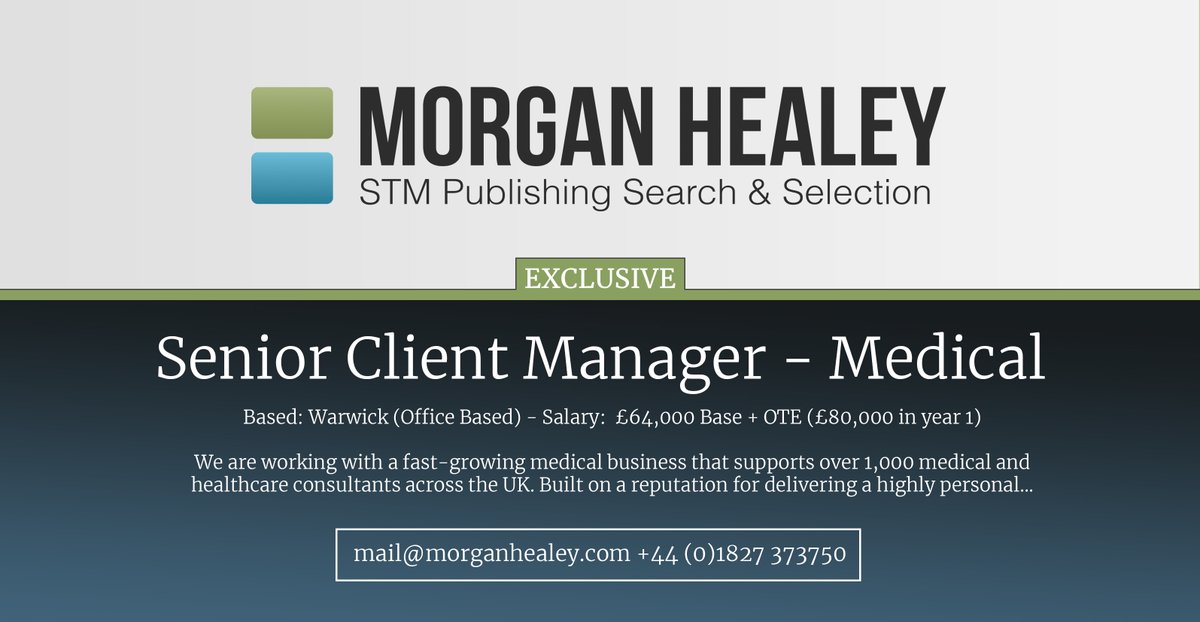 MorganHealeyRec's tweet photo. Exclusive  Assignment: 
Senior Client Manager – Medical
Based: Warwick (Office Based)
Salary: £64,000 Base + OTE £80,000 in year 1)
https://t.co/W6bohpfLyx
#Sales #STM #medical https://t.co/BJ0r6izvHp
