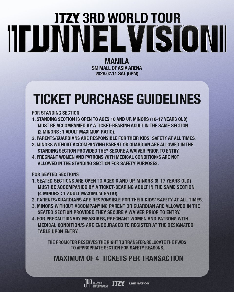 livenationph's tweet photo. MIDZY, just making sure this is on your radar 👀

Don't miss ITZY 3RD WORLD TOUR <TUNNEL VISION> in MANILA on July 11, 2026 at the SM Mall of Asia Arena!

Get your tickets now before they run out at https://t.co/Q01XeRJSNb and SM Tickets outlets.

For more details, go to https://t.co/TFXFfjw9Mh.

#ITZY #MIDZY
#ITZY_TUNNELVISION
#ITZY_TNVS
#ITZY_WORLD_TOUR"