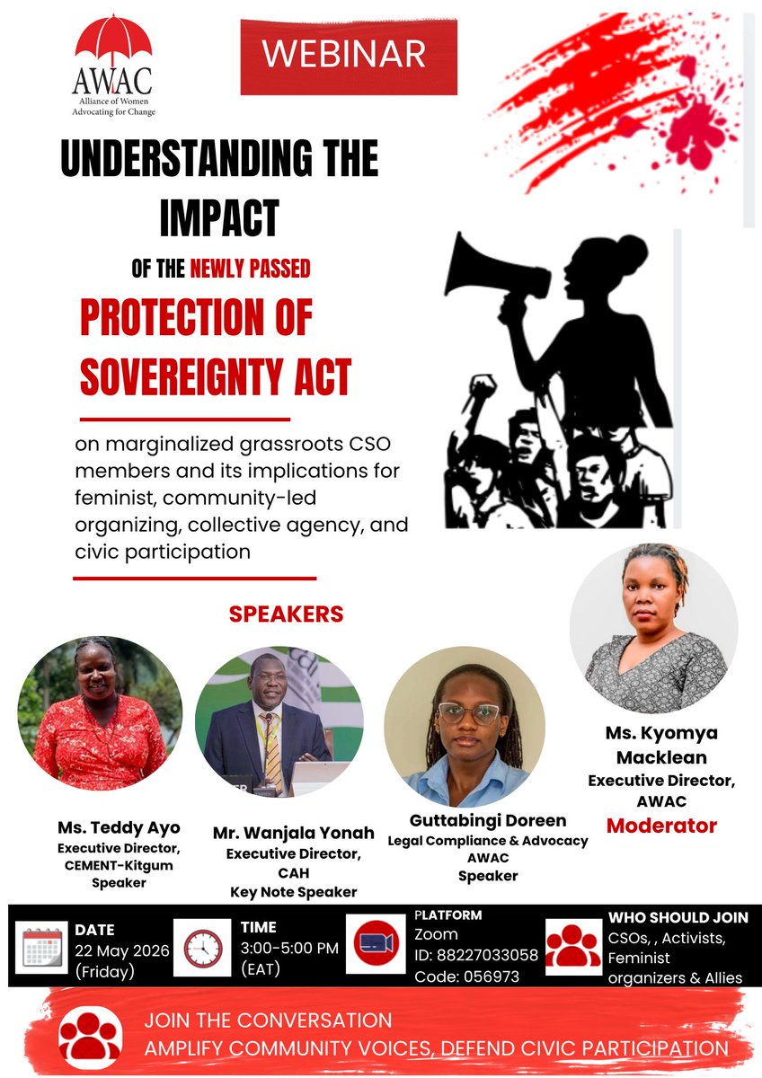 awacuganda's tweet photo. Join us this Friday, 22nd May and hear from our guess speakers as we unpack the impact of the recently passed Protection of Sovereignty Act on marginalized grassroots CSOs, and its implications for feminist-led initiatives, community-led groups, and civic participation. 
For details on how to join the meeting, please find the zoom link attached below.
https://t.co/aV0Z19nOHu

#UgandaCSOs #GrassrootsVoices
#ProtectionOfSovereigntyAct #Advocacy #Solidarity