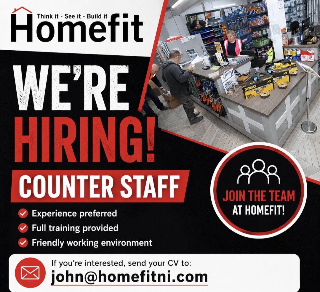puntersg's tweet photo. Local Jobs Alert

The expansion continues at @HomefitLTD  and they are looking for enthusiastic Full &amp; Part-Time Counter Staff. 

✅ Flexible hours
✅ Full training provided
✅ Great Pay Rates
✅ Pension Scheme
✅ Staff parking available

📩 Send CV to  john@homefitni.com https://t.co/ypsXHuOaLl