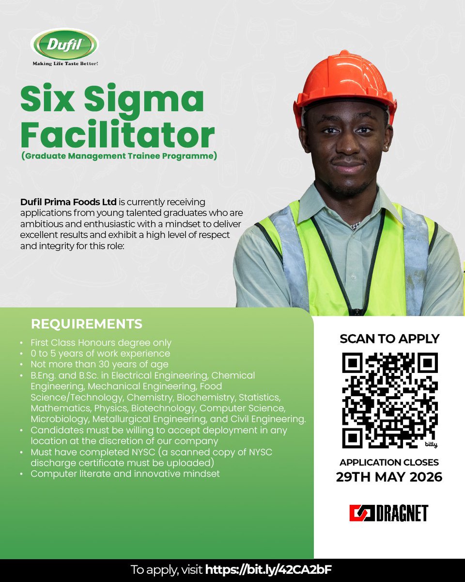 DragnetNigeria's tweet photo. π’ Now Hiring: Six Sigma Facilitator
Dufil Prima Foods seeks exceptional graduates for its Graduate Management Trainee Programme.
β First Class only
β NYSC completed
β 0β5 yrs experience
Apply: https://t.co/k83z42rdSJ
#GraduateProgramme #EngineeringJobs https://t.co/srtIaDQbjE