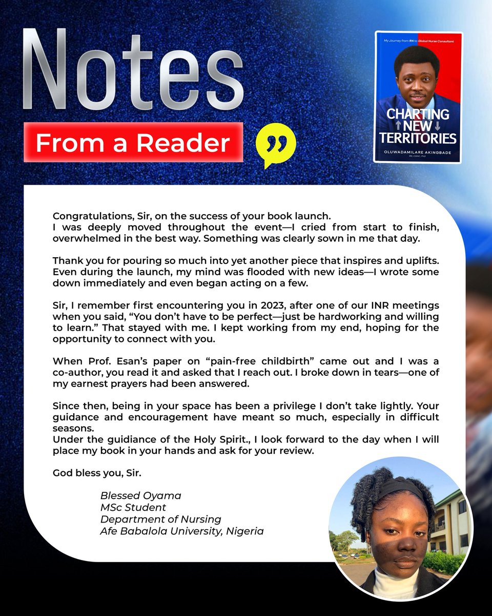 Callednurse's tweet photo. I broke down in tears.

In December 2025, I launched my first book as a sole author. As Dr Yetunde Tola, @OOdejobi, the reviewer, reminded the audience of the painful moments behind the journey, I could not hold back my emotions. 

She was there when I left a promising career path at the Nursing and Midwifery Council of Nigeria during the COVID-19 pandemic in 2020, packed my bags, and moved to Hong Kong to pursue a PhD.

She saw the struggles.
The sacrifices.
The uncertainty.

She witnessed the difficult days at the Institute of Nursing Research, Nigeria, @inrnigeria, when all we had was a vision to make a difference in nursing research. We paid the price, and a decade down the line, we are now seeing the fruits.

What touched me even more was realizing that I was not the only one moved to tears in that virtual room. In her review, Blessed Oyama shared that she was deeply emotional through the event.

There were so many battles behind the story. Truly, we do not look like what we have been through.

…but in all these things, we are more than conquerors.

And for someone doubting their journey right now, let me remind you: God has not forgotten you. Your process may be painful, but your story will not end there. Victory still has the final say.

I hope my story, as shared in my book, will inspire you to take that bold step. I look forward to reading your review.

You can place your order through this link: https://t.co/4k9lDqEJnp

Yours affectionately,
Dr. Oluwadamilare Akingbade
Author, Charting New Territories