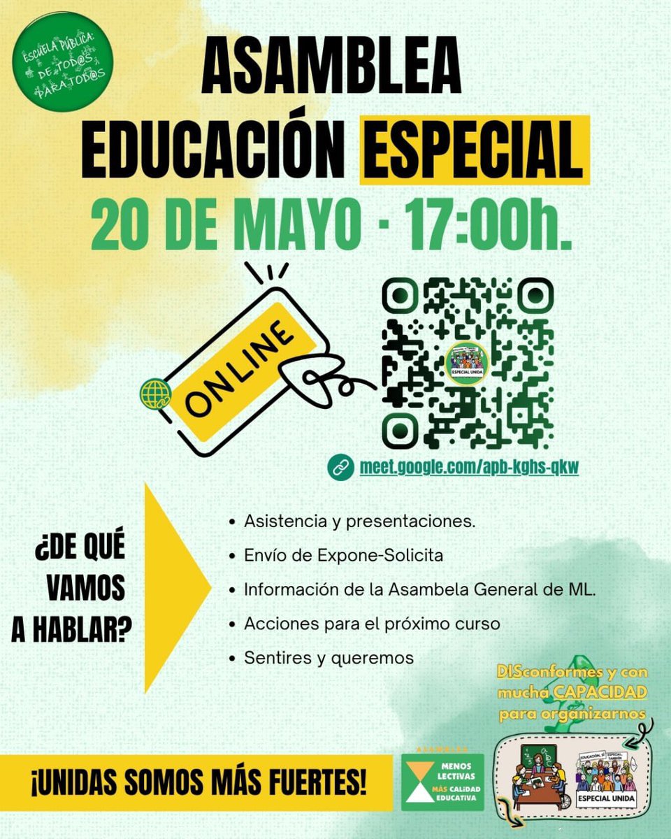 Menoslectivas's tweet photo. Asamblea Educación Especial el próximo 20 de mayo 👇💚 https://t.co/nKsNoT1xlD