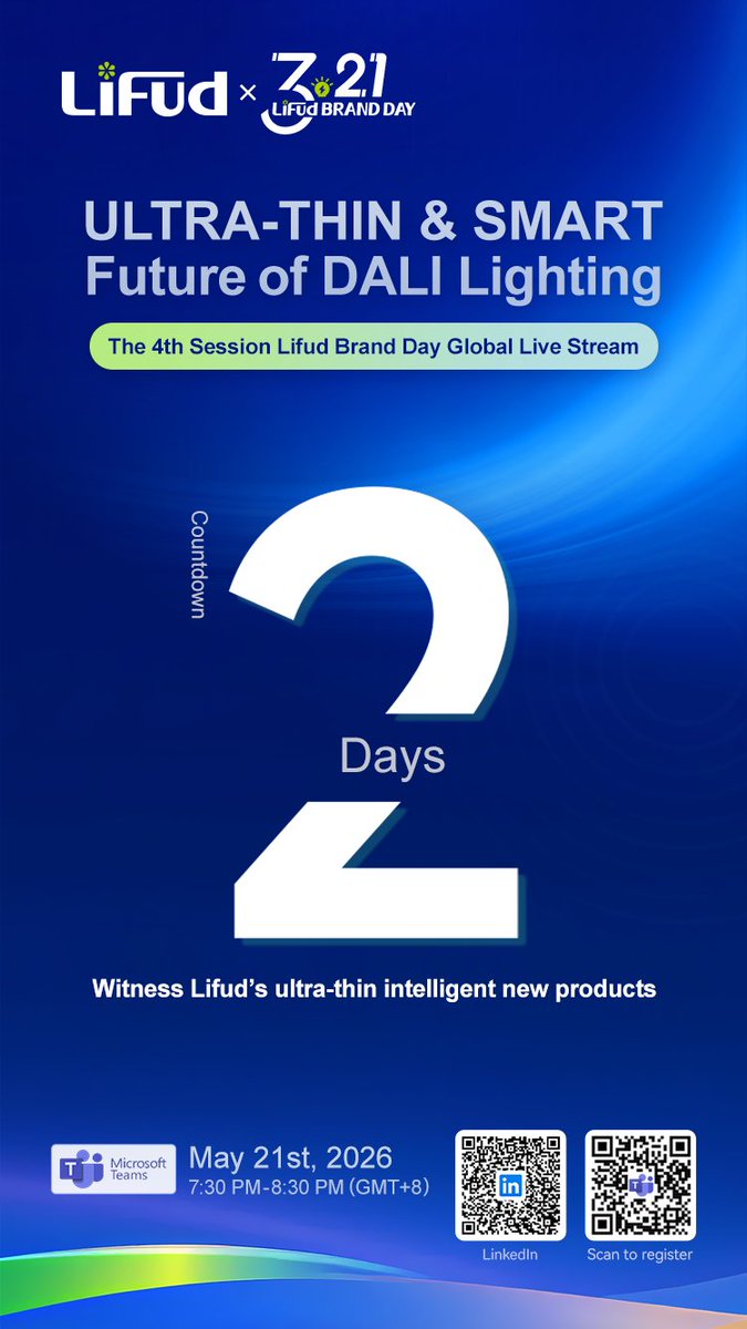 lifudtechnology's tweet photo. ⏰2 days to go!Get ready for Lifud Brand Day Global Live Stream – The 4th SessionULTRA-THIN &amp; SMART – Future of DALI Lighting
🔗 Register：https://t.co/KevUfp7ZZg https://t.co/ZSZn2iqLqh