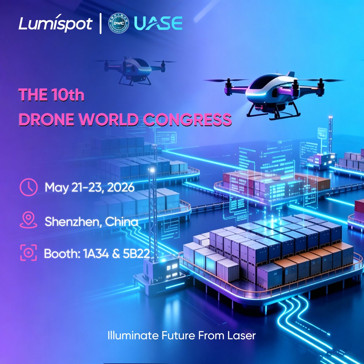 LumispotTech's tweet photo. 🥳 🥳 🥳 Join Lumispot at THE 10th DRONE WORLD CONGRESS!
📅 Date: MAY 21-23, 2026
📍 Location: Shenzhen Convention &amp; Exhibition Center, China
💌 Booth: 1A34 &amp; 5B22
#DroneWorldCongress #Lumispot #LaserRanging #UAV #UASE #UAVRanging https://t.co/kHzc0u4Lu0