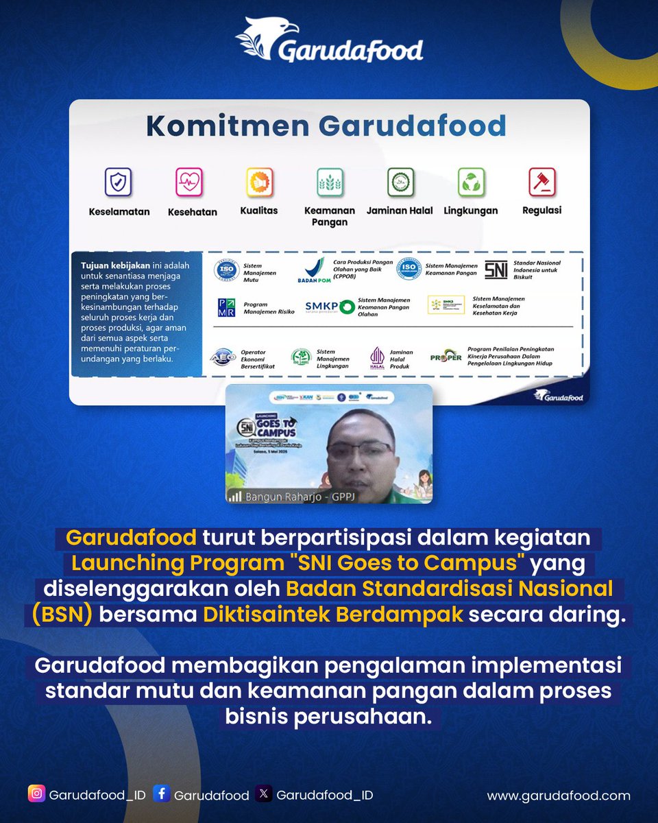 GarudaFood_ID's tweet photo. Garudafood turut mendukung program “SNI Goes to Campus” bersama BSN dan Diktisaintek Berdampak dengan berbagi pengalaman implementasi standar mutu dan keamanan pangan di dunia industri.

#Garudafood #SNIGoesToCampus #BSN #Standardisasi #KeamananPangan https://t.co/j1hX5zxN9m