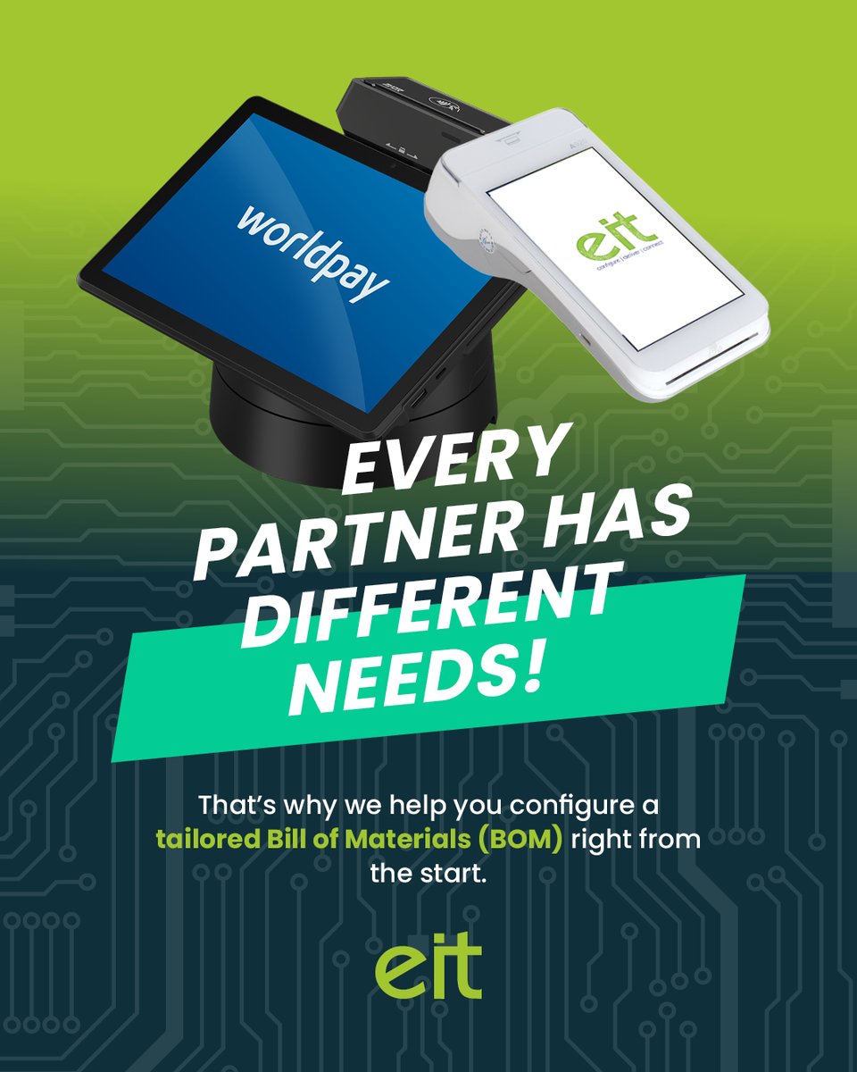 Euro_IT's tweet photo. Every partner has different needs. 

That’s why we help you configure a tailored Bill of Materials (BOM) right from the start whether you need card machines, bases, SIMs, accessories, or IT equipment. 

Get the right kit, first time. https://t.co/G0eJrOBONe