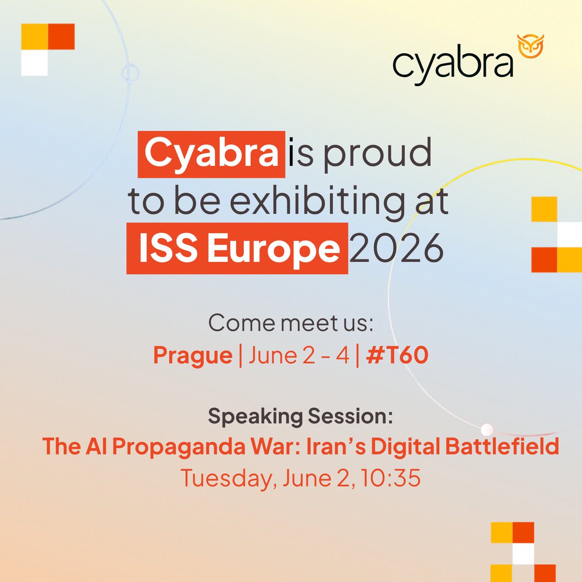TheCyabra's tweet photo. Cyabra will be taking the stage at #ISS World Europe 2026, the world's largest gathering of law enforcement, intelligence, and homeland security professionals.

Our keynote session, "The AI Propaganda War: Iran's Digital Battlefield," examines how generative AI was used to push manipulated war footage to over 145 million viewers, and what it takes to detect and counter that kind of coordinated cognitive warfare.

The session takes place on Tuesday, June 2, at 10:35.

Come meet our team at #T60, ISS World Europe, June 2-4, Prague. We'd love to connect.