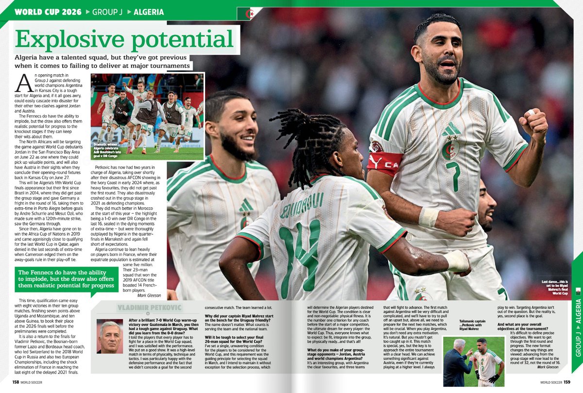 BeneddraNaim's tweet photo. Présentation de l'équipe d'Algérie dans le dernier @WorldSoccerMag, avec l'analyse notamment de l'ami @MezahiMaher. #TeamDZ https://t.co/QziS4JqChi