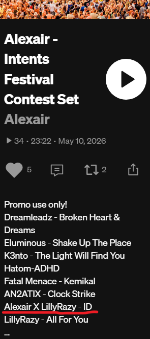 LillyRazy's tweet photo. 【告知】
Intents Festival 2026 DJ Contestに、
The MasterBeat Projectのメンバー ''Alexair'' が
エントリー中です！ 
Contest Setでは ''Alexair &amp; LillyRazy - ID'' 
などのID Hardstyle曲の他、日本のアーティスト達の
楽曲も組み込んだsetが公開中です👏
投票締切は5/22
よろしくお願いします！ https://t.co/V0uR7k1sHV