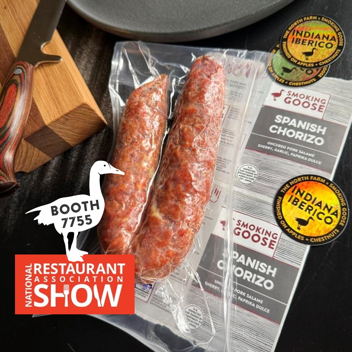 SmokingGoose's tweet photo. Last day! We're slicing samples #2026RestaurantShow Booth # 7755 -- come check out Indiana #Iberico, lamb, elk, duck, pork, Wagyu beef, wild boar + more -- our #charcuterie line up spans 40+ varieties.

Get wholesale + home delivery info at https://t.co/mmgbPLACSk https://t.co/Nw9qBnHSEC