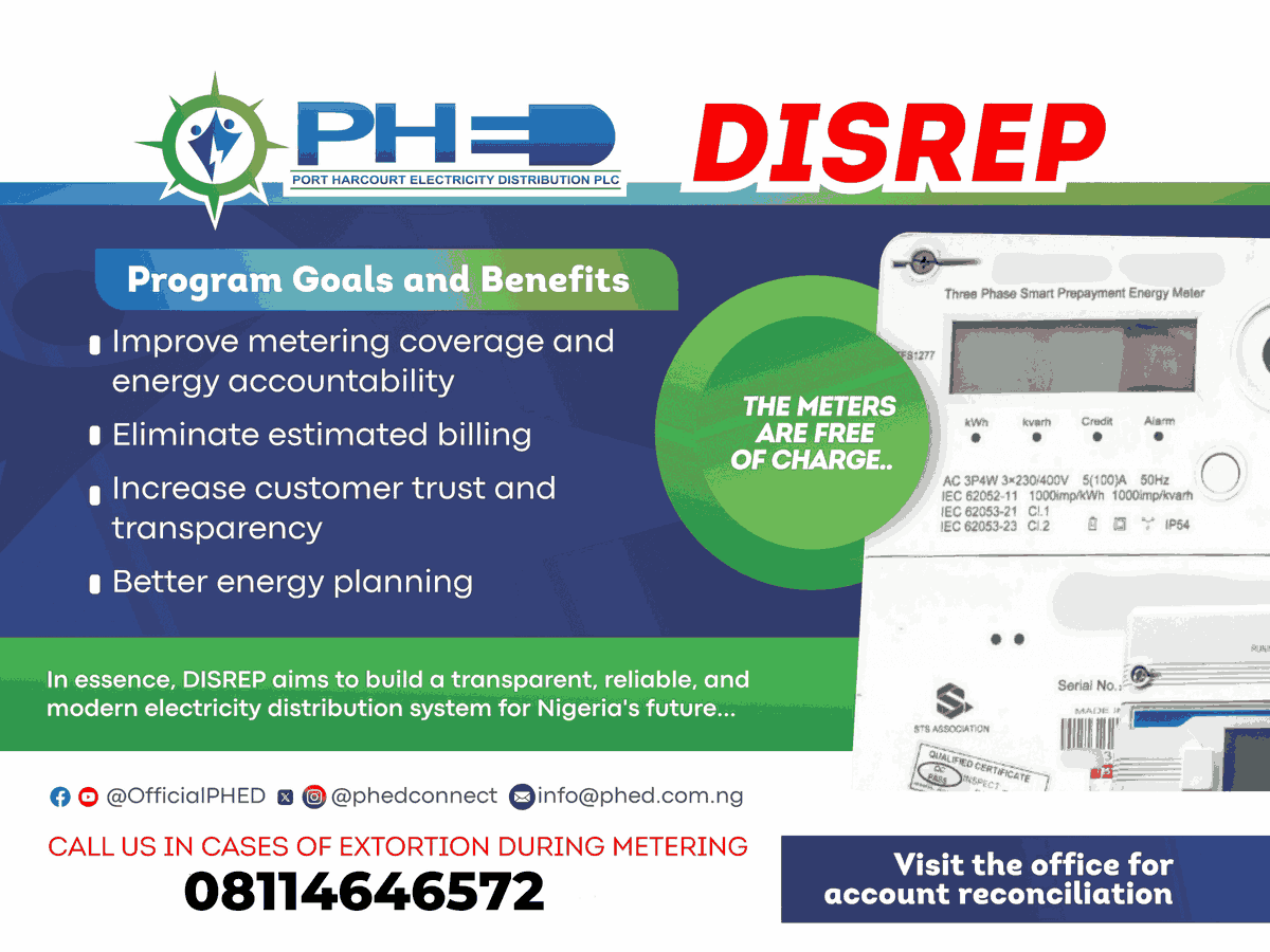 PHEDconnect's tweet photo. Your meter is FREE. Full stop.

PHED’s DISREP programme is installing smart prepaid meters at zero cost to customers. No fees. No “arrangements.” No middlemen.

If anyone demands payment before or during installation, do not pay. Report it immediately.

08114646572

Your meter is your right. Extortion is a crime. Speak up.

#DISREP #PHEDCares #NoToExtortion #MeteringProgramme #EnergyAccess #PowerToThePeople #PHEDConnect