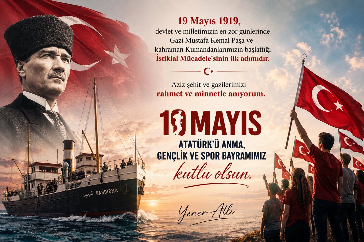 YenerAtl1's tweet photo. 19 Mayıs 1919, devlet ve milletimizin en zor günlerinde Gazi Mustafa Kemal Paşa ve kahraman Kumandanlarımızın başlattığı İstiklal Mücadele'sinin ilk adımıdır.

Aziz şehit ve gazilerimizi rahmet ve minnetle anıyorum. 

19 Mayıs Atatürk'ü Anma, Gençlik ve Spor Bayramımız kutlu olsun.
 
Yener Atlı
