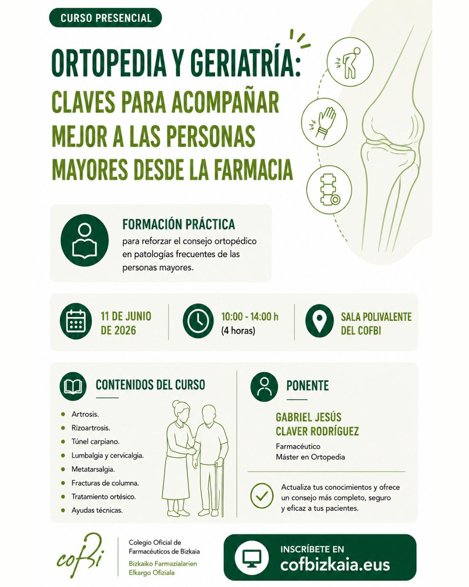COFBizkaia's tweet photo. El COFBi organiza el curso “Patologías comunes en geriatría. Abordaje ortopédico”, una formación práctica para reforzar el consejo farmacéutico ante patologías frecuentes en personas mayores.
Inscripciones 🔗 https://t.co/lbYZGLCA1x
#COFBi #Ortopedia #Geriatría https://t.co/tqRAUQBTiu