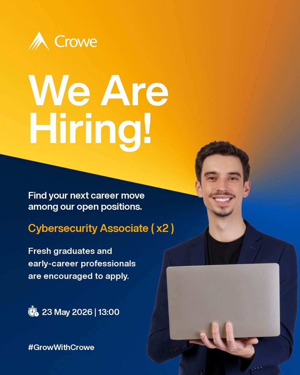 crowemv's tweet photo. We’re looking for 2 Cybersecurity Associates to join Crowe Cybersecurity Maldives. If you’re a fresh graduate or early-career professional this is your opportunity to build your future with a team shaping the next generation of digital trust.
Apply now at https://t.co/Zns5bZQuQk https://t.co/5IQY5wnvA8
