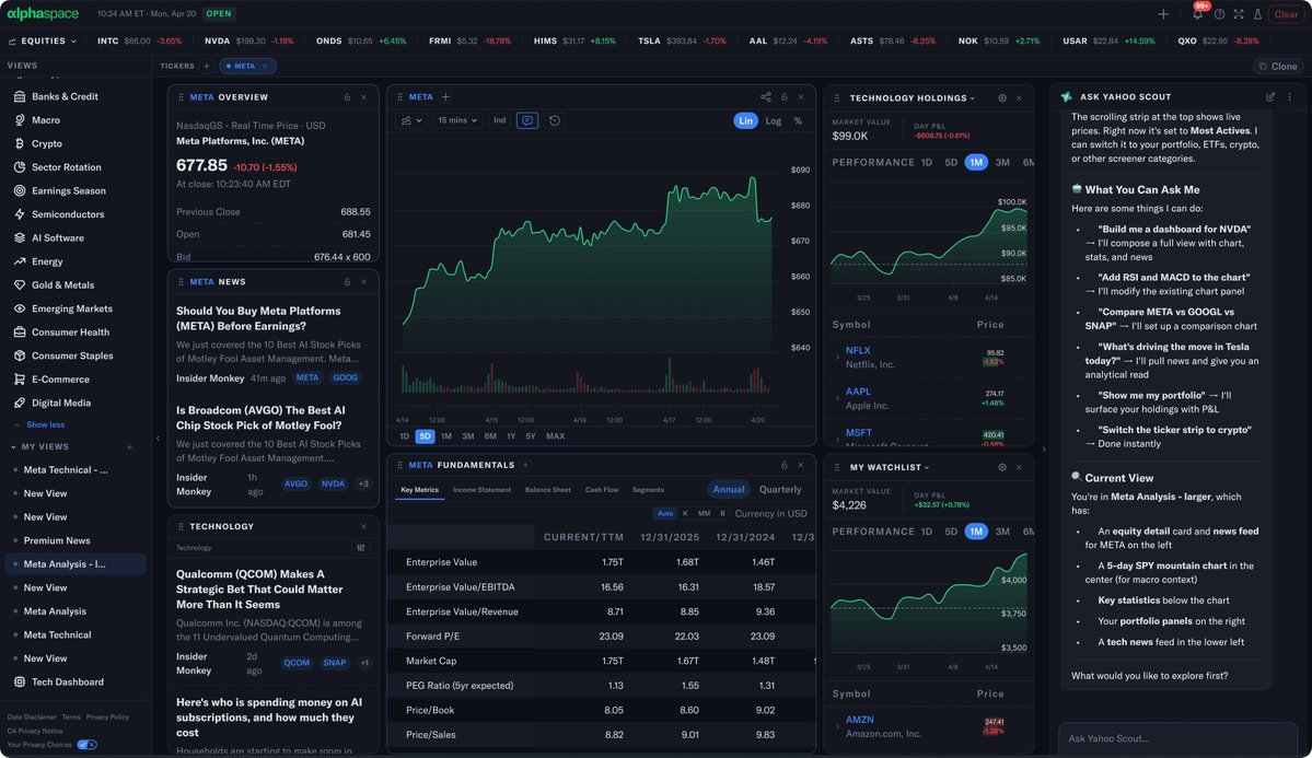YahooFinance's tweet photo. Today’s dynamic market requires a tool that empowers investors to analyze, build, and act faster.

Introducing AlphaSpace from Yahoo Finance — a premium investment platform that brings together professional-grade tools, premium news, and analysis. 

📊 Customize your interface with advanced charts, data, fundamentals, portfolios, and alerts
⚡️ Use AI across your workflows to make the research process more dynamic, responsive, and efficient
🤝 Persistent design keeps your dashboard intact after every session, enabling you to pick up right where you left off 

Learn more about AlphaSpace at https://t.co/ocLQcXZ46L.