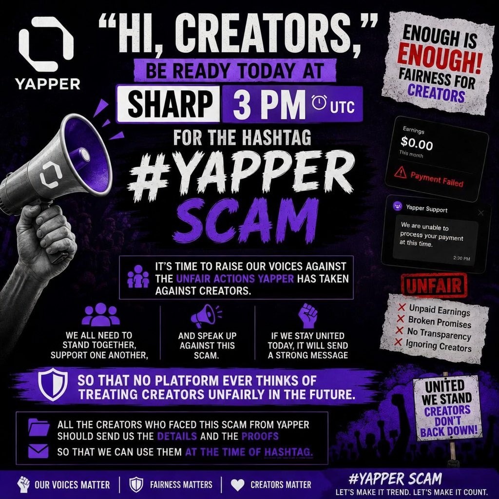 ai_influencer__'s tweet photo. Hi Creators, be ready today at sharp 3 PM UTC for the hashtag #YapperScam. It’s time to raise our voices against the unfair actions Yapper has taken against creators. We all need to stand together, support one another, and speak up against this scam done by @ehalm_ . If we stay united today, it will send a strong message so that no platform ever thinks of treating creators unfairly in the future. All the creators who faced this Scam from @yapper_so should send us the details and the proofs so that we can use them at the time of Hashtag.