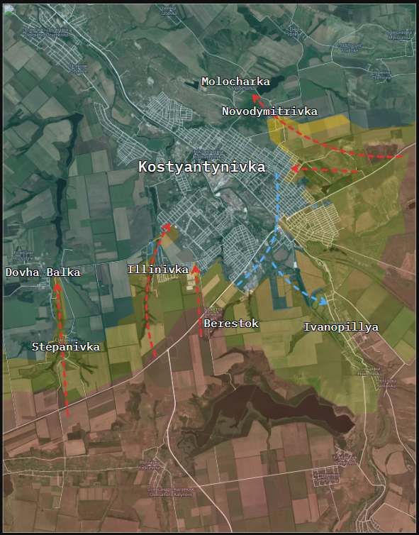 UkraineDailyUpd's tweet photo. The current situation in Kostyantynivka continues to deteriorate:

Ukrainian forces are still holding their positions in the south of the town and in Ivanopillya. At the same time, Russian forces are keeping up pressure on the flanks and sometimes manage to make deep penetrations with isolated infiltrations.

Last week, Russian forces raised flags in Illinivka, but the area is still being shelled and attacked by drones, which shows it is still contested. Russian troops have also been seen for the first time in the northwest part of Kostyantynivka. The map has been updated, but the situation is still complicated because there is no clear front line.

On the eastern flank of the town, Russians continue to be spotted regularly in the Hora District in Kostyantynivka, which is under heavy shelling from both sides. Meanwhile, a Russian presence was detected for the first time in Molocharka, confirming further attempts by Russia to bypass Kostyantynivka. Notably, Russian sources provide conflicting accounts of the origin of this infiltration. Did it come from the south (via Novodymitrivka) or the north (via Virolybuivka and Stinky)?
Here, too, we have updated the contested area.

Visit our map here:
-> https://t.co/a52sLQelpf