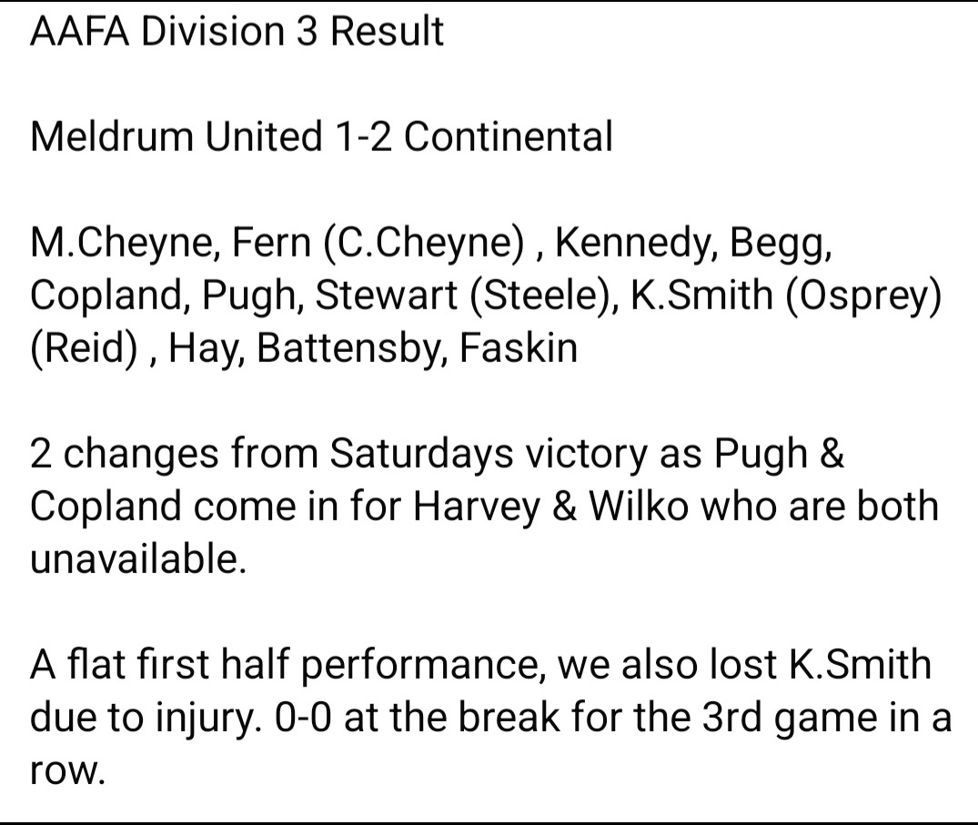 Meldrum_United's tweet photo. Last Nights League Result

Meldrum United 1-2 Continental

Aaron Hay⚽ https://t.co/9FmXLJrf3t
