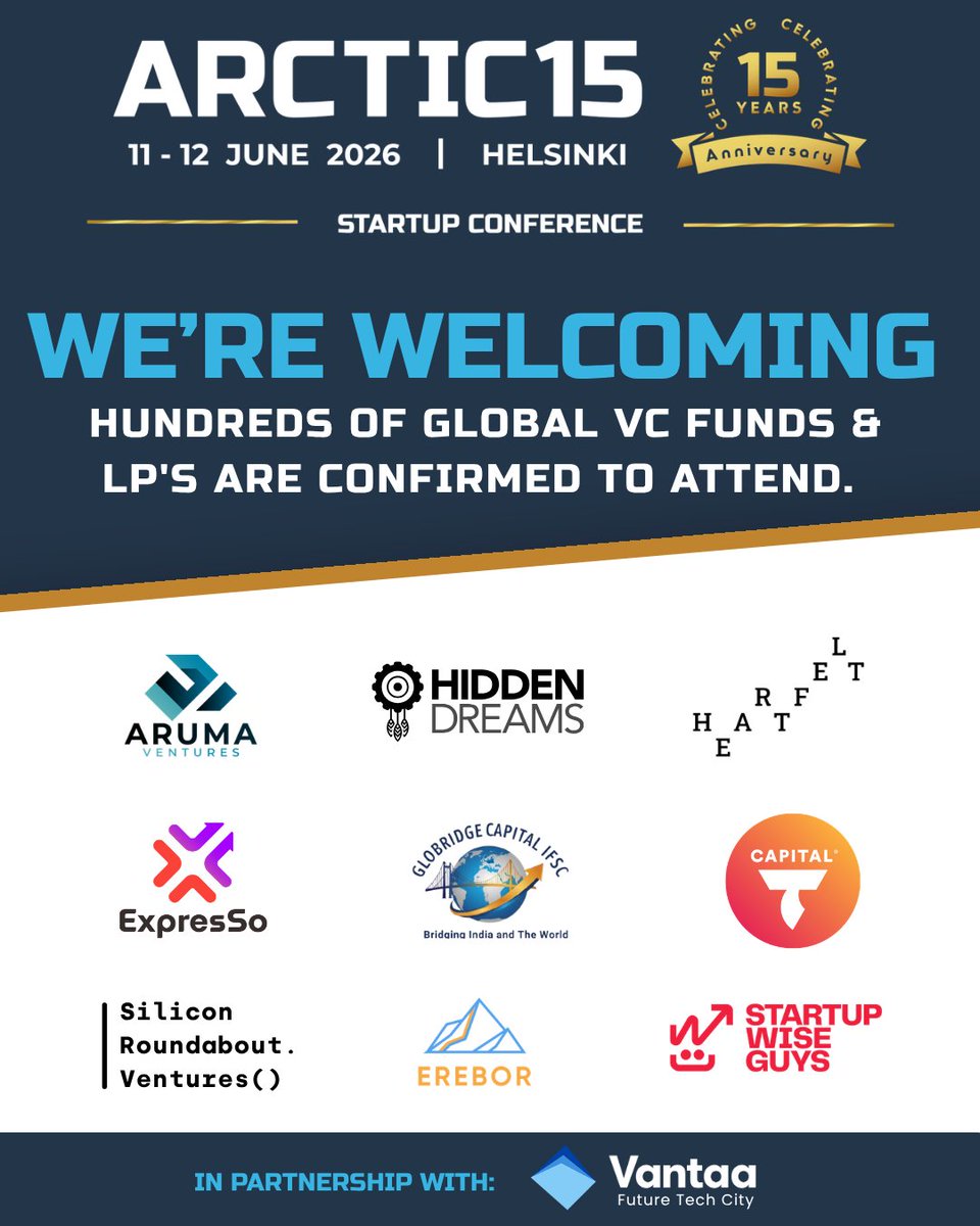 arctic15's tweet photo. 15 years of deals. One global ecosystem. Helsinki hosts the conversations that matter. 🤝
Hundreds of VC funds and LPs are confirmed for ARCTIC15. For investors and founders ready to make real connections, this is the room to be in.
11–12 June 2026 | Kaapelitehdas, Helsinki https://t.co/HSixLL8CJ5