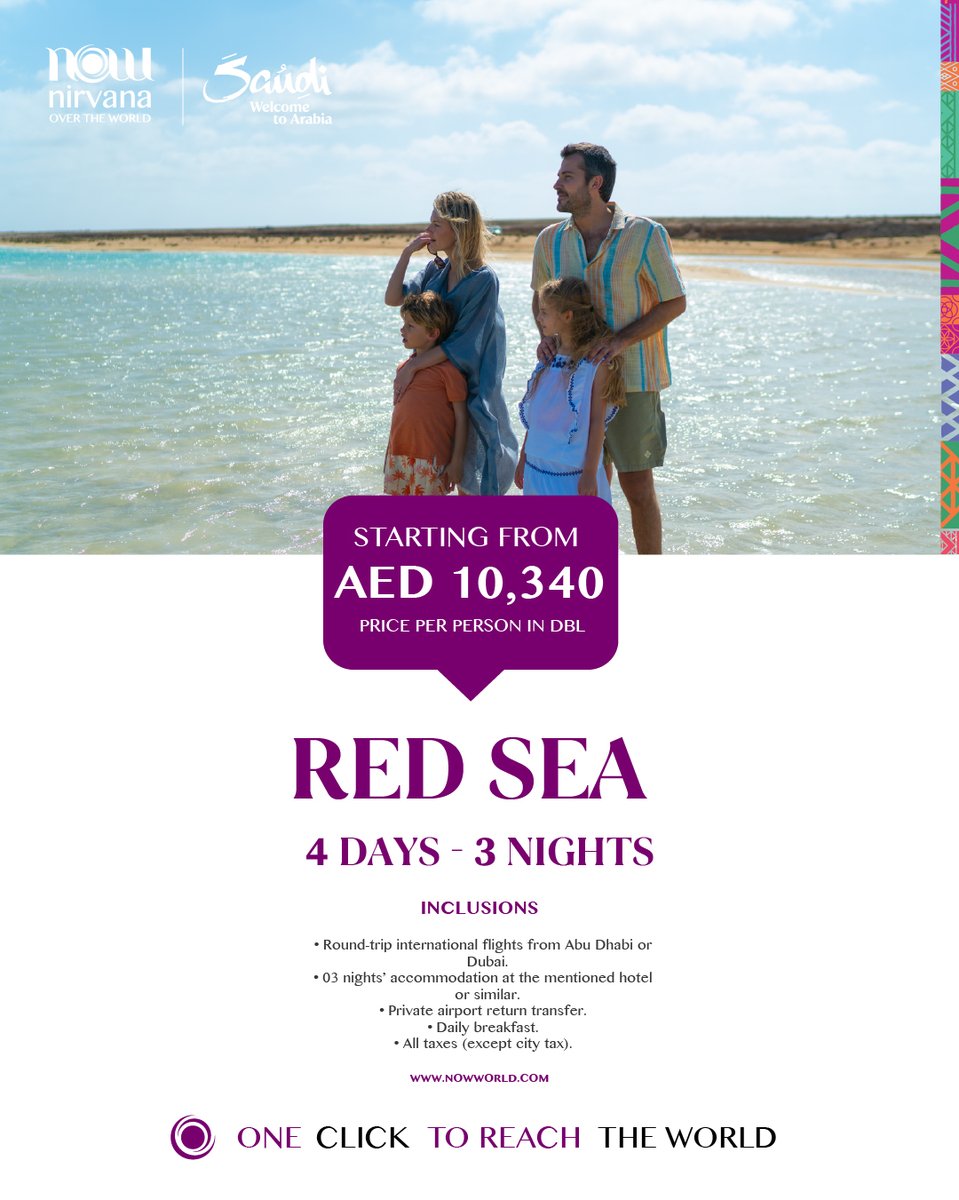 nirvanaoverthe1's tweet photo. Where crystal waters meet desert luxury ✨

Discover the magic of the Red Sea with snorkeling, kayaking, desert adventures, and stunning five-star stays.

Starting from AED 10,340 per person.

Book now with NOW!

#RedSeaEscape #VisitSaudi #SaudiAdventure #TravelWithNOW https://t.co/snQaQQgQtd