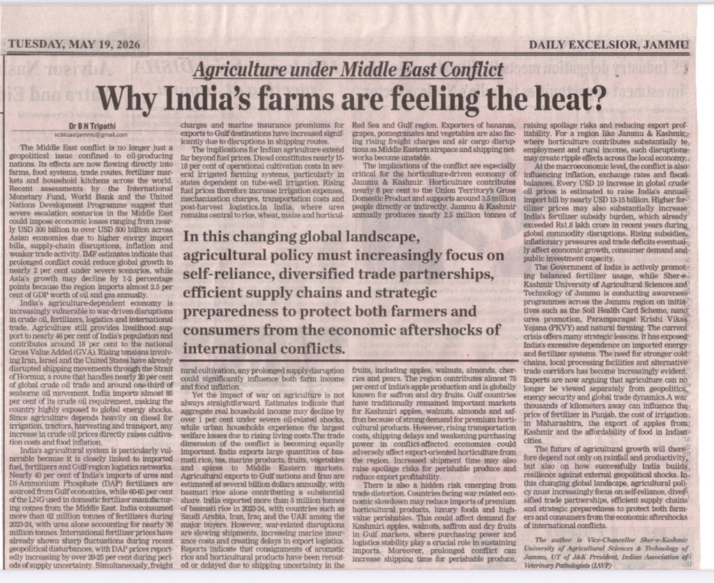 CellSkuast's tweet photo. Must Read Article

Agriculture Under Middle East Conflict: Insights by Prof. B. N. Tripathi, Hon’ble Vice Chancellor###

A thought provoking analysis highlighting the challenges and resilience of agriculture in the face of the Middle East conflict### https://t.co/SdvcxFSHig