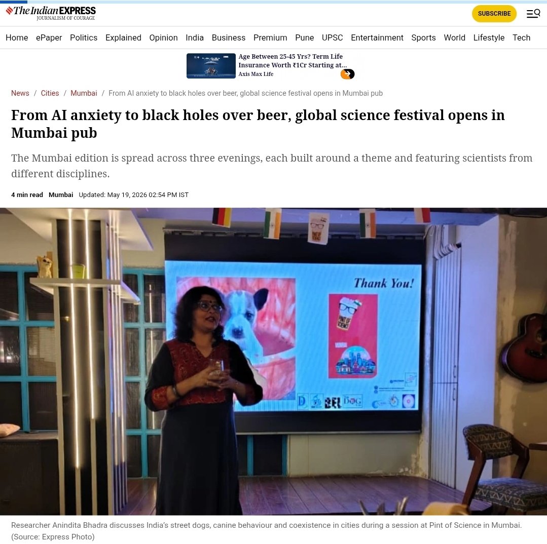 pintofscienceIN's tweet photo. Thank you Indian Express for featuring Pint of Science festival in Mumbai 📰😊 @IndianExpress https://t.co/9pDiTHeHjI