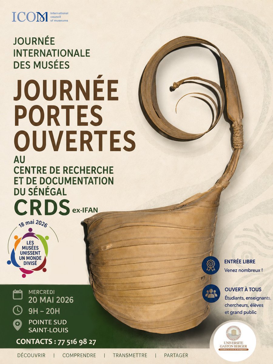 CRDS88315334's tweet photo. A l'occasion la Journée Internationale des Musées, le CRDS ex-IFAN vous ouvre ses portes
Venez découvrir un espace dédié à la connaissance, à la mémoire et à la valorisation de notre patrimoine.
Nous serons heureux de vous accueillir 
#IMD #museum #ICOM #crds #UGB https://t.co/zjM0svpjNh