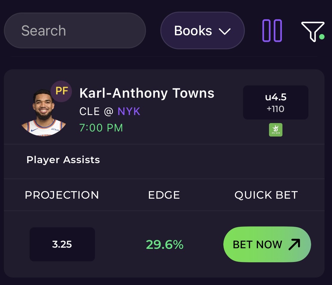 TheSharpApp's tweet photo. Karl-Anthony Towns u4.5 Assists 
Sharp AI Projection: 3.25
Edge: 29.6%
+110 at DK https://t.co/FMGjSWeIZf