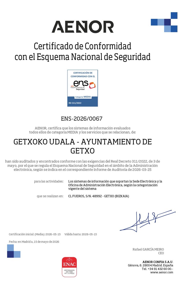 GetxoUdala's tweet photo. 📜✅ Getxo, primer Ayuntamiento de Bizkaia en obtener la certificación del Esquema Nacional de Seguridad

🔗 https://t.co/vS1HT9RwsZ

ℹ️ Esta certificación acredita que los principales servicios digitales del Ayuntamiento cumplen con los requisitos de seguridad necesarios para que la ciudadanía pueda relacionarse con la administración municipal con más garantías, más protección y más confianza.

#Getxo #GetxoBiziEzazu @AENOR
