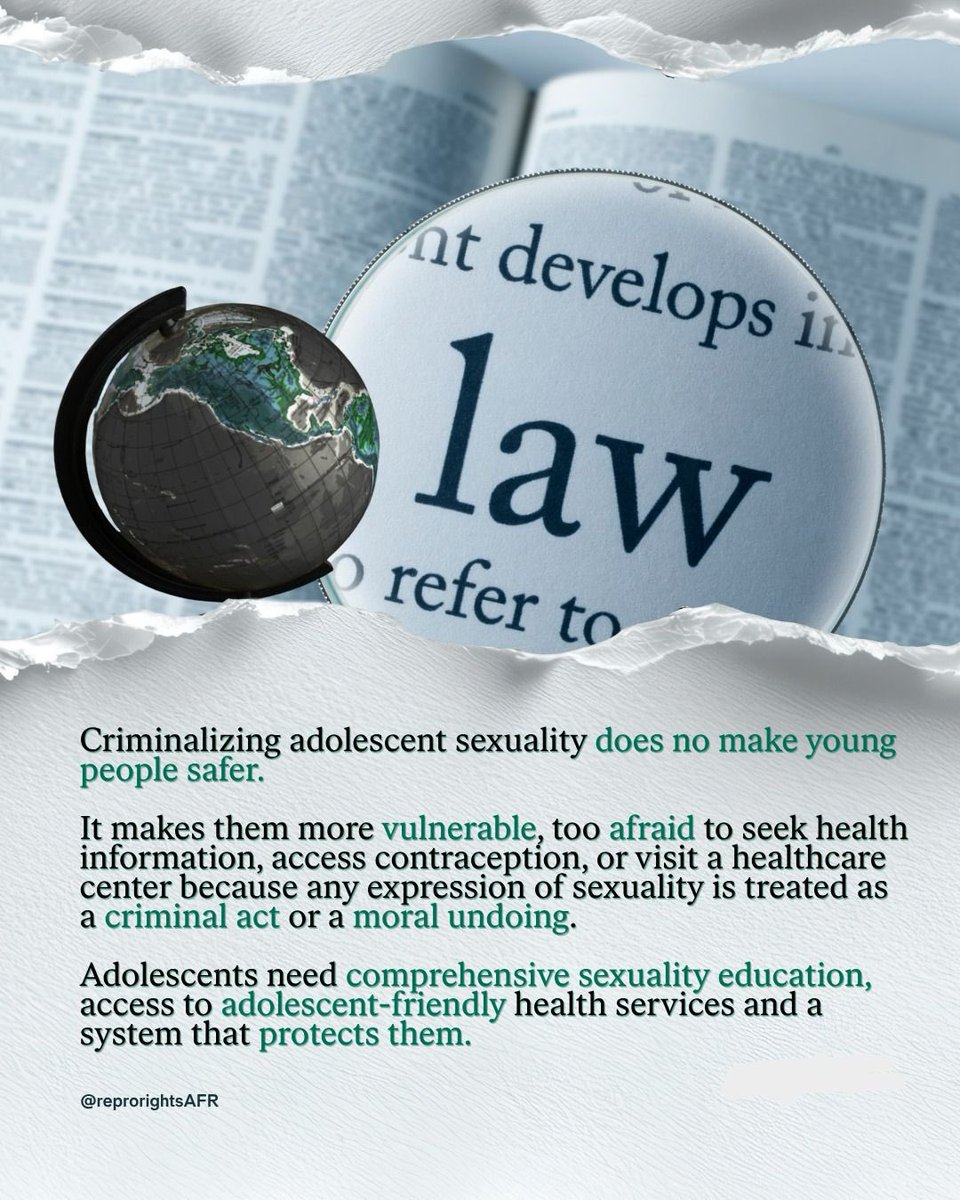 ReproRightsAFR's tweet photo. While the law must protect children from abuse and exploitation, it should not punish adolescents for normal peer relationships or push them away from care, information, and support.

#srhr https://t.co/XMi0KQ3UZt